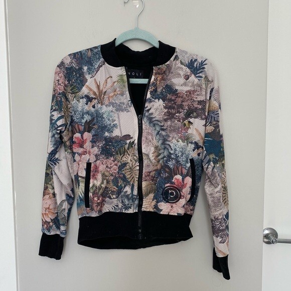 Noli Yoga x Pure Barre Jacket Painted Colorful Floral Print Pattern Bomber Zip - Picture 1 of 9